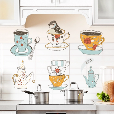 Waterproof PVC Wall Sticker Kitchen Tea Set Decoration Self Adhesive Tea Cups Teapot Birds Illustration Fridge Decal Home Decor