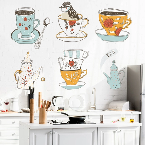 Waterproof PVC Wall Sticker Kitchen Tea Set Decoration Self Adhesive Tea Cups Teapot Birds Illustration Fridge Decal Home Decor