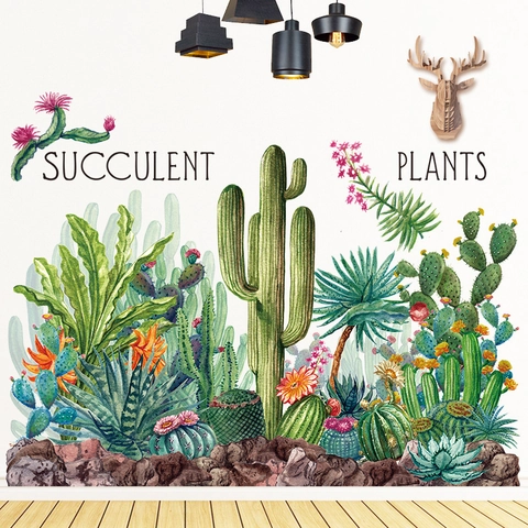 Stickers Muraux Plantes Vertes Tropicales Cactus Succulentes PVC Imperméables Amovibles Décalcomanies Murales pour Salon Chambre