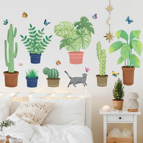 Aquarel Tropische Potplanten Kat Muurstickers PVC Verwijderbaar Waterdicht Groene Bladeren Monstera Cactus Huisdecoratie