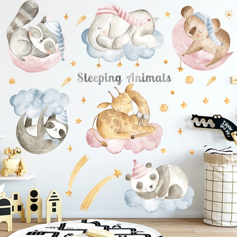 Watercolor Sleeping Animals Wall Stickers Kids Nursery Room Decoration Cartoon Animal Wall Decals Removable PVC Home Decor