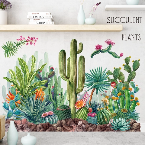 Stickers Muraux Plantes Vertes Tropicales Cactus Succulentes PVC Imperméables Amovibles Décalcomanies Murales pour Salon Chambre