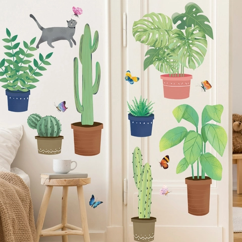Aquarel Tropische Potplanten Kat Muurstickers PVC Verwijderbaar Waterdicht Groene Bladeren Monstera Cactus Huisdecoratie