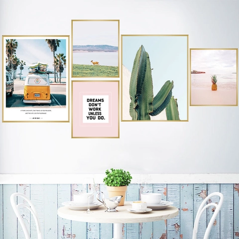 Pegatina de Pared de PVC Estilo Nórdico Paisaje Cactus Autobús Rosa Atardecer Playa Decorativa Autoadhesiva para Dormitorio Sala de Estar Decoración de Dormitorio