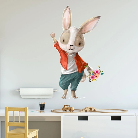 Cartoon Rabbit PVC Wall Sticker Waterproof Watercolor Animal Holding Flower Decal For Kids Room Nursery Classroom Decor