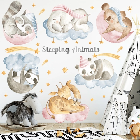 Watercolor Sleeping Animals Wall Stickers Kids Nursery Room Decoration Cartoon Animal Wall Decals Removable PVC Home Decor