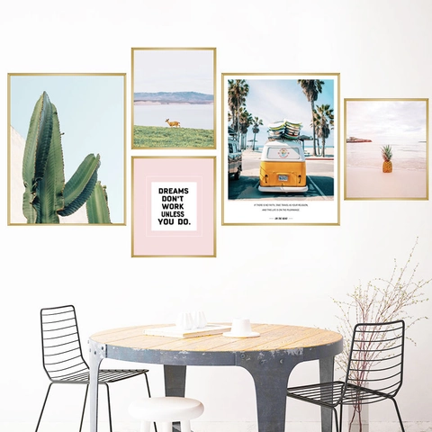 Pegatina de Pared de PVC Estilo Nórdico Paisaje Cactus Autobús Rosa Atardecer Playa Decorativa Autoadhesiva para Dormitorio Sala de Estar Decoración de Dormitorio