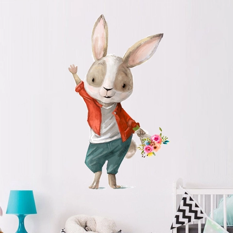 Cartoon Rabbit PVC Wall Sticker Waterproof Watercolor Animal Holding Flower Decal For Kids Room Nursery Classroom Decor