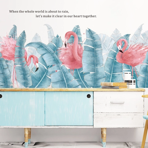 Flamingo Tropische Planten Muurstickers Zelfklevend Verwijderbaar Aquarel Roze Flamingo Groene Bladeren PVC Decal Decoratie