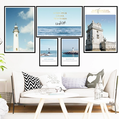 Mediterraner Blauer Meereslandschaft Leuchtturm PVC Wandaufkleber Haus Deko Abnehmbar Selbstklebend Landschaft Für Wohnzimmer