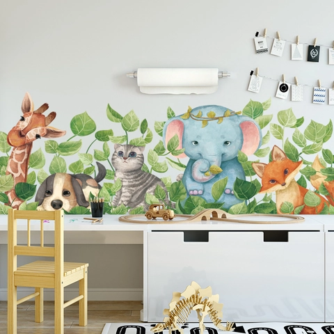 Watercolor Cartoon Forest Animal Wall Stickers Waterproof PVC Giraffe Elephant Fox Decals For Kids Nursery Room Classroom Wall Decoration
