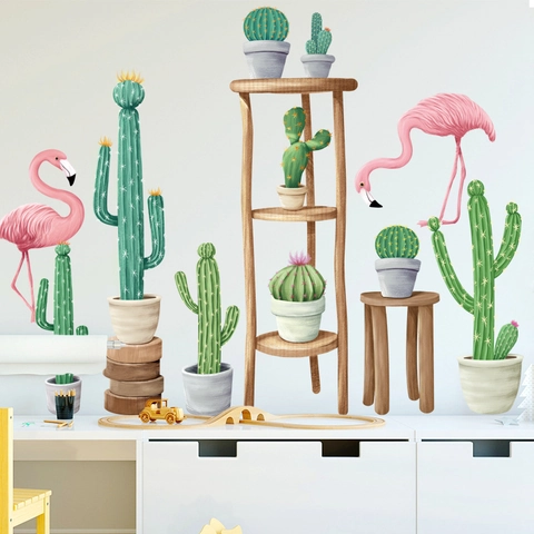 Nordisch Flamingo Kaktus Pflanzenblatt PVC Wandsticker Wasserdicht Bedruckt Abnehmbare DIY Wandtattoo Für Wohnzimmer Schlafzimmer Deko