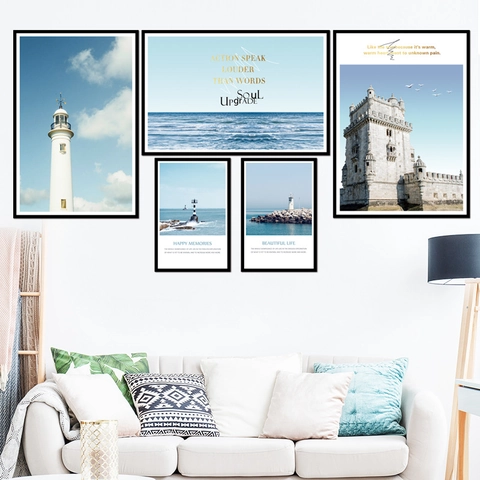 Mediterraner Blauer Meereslandschaft Leuchtturm PVC Wandaufkleber Haus Deko Abnehmbar Selbstklebend Landschaft Für Wohnzimmer