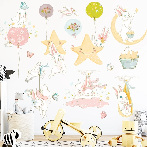 Dromerig Konijn Maan Sterren Muurstickers Voor Kinderkamer Decor Aquarel PVC Cartoon Dier DIY Verwijderbare Muurstickers Babykamer