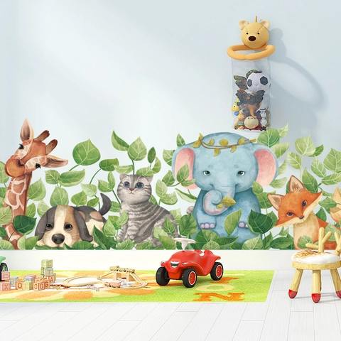Watercolor Cartoon Forest Animal Wall Stickers Waterproof PVC Giraffe Elephant Fox Decals For Kids Nursery Room Classroom Wall Decoration