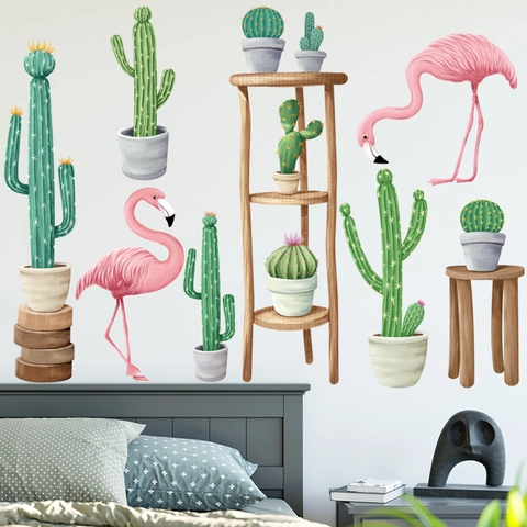 Nordisch Flamingo Kaktus Pflanzenblatt PVC Wandsticker Wasserdicht Bedruckt Abnehmbare DIY Wandtattoo Für Wohnzimmer Schlafzimmer Deko