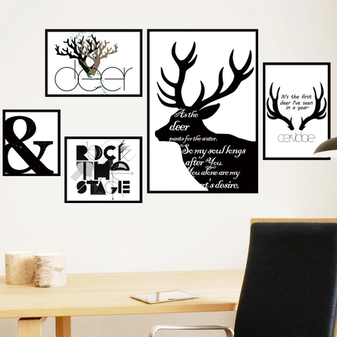 Vinilos Decorativos de Renos Minimalistas Nórdicos Juego de 5 Piezas PVC Impermeable Efecto Marco de Fotos Pegatinas para Hogar Oficina