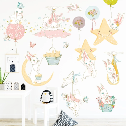 Dromerig Konijn Maan Sterren Muurstickers Voor Kinderkamer Decor Aquarel PVC Cartoon Dier DIY Verwijderbare Muurstickers Babykamer