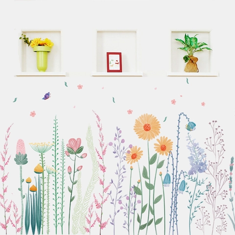 Waterproof PVC Floral Wall Sticker Watercolor Sunflower Butterfly Plants Decorative Decal For Bedroom Living Room Hallway