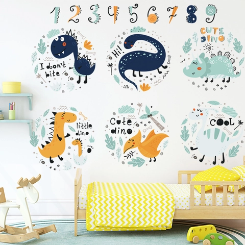 Adesivi Murali con Numeri di Dinosauri Cartoni Animati per Camera Bambini Asilo PVC Impermeabile Autoadesivo Decoro Casa DIY
