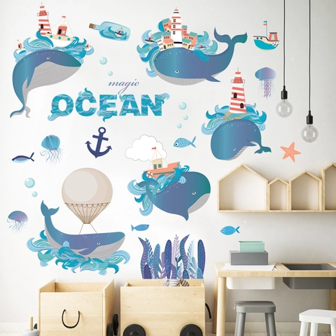 Cartoon Blauwe Magische Oceaan Walvis Dolfijn Muurstickers Waterdichte PVC Home Decor Stickers Voor Kinderkamer Slaapkamer