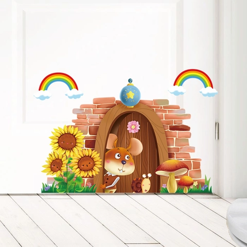 Cartoon Mausloch Sonnenblume Regenbogen PVC Wandtattoo Abnehmbare Wasserdichte Aufkleber Für Kinderzimmer Kindergarten Home Decor