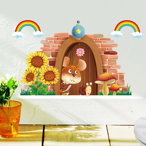 Cartoon Mausloch Sonnenblume Regenbogen PVC Wandtattoo Abnehmbare Wasserdichte Aufkleber Für Kinderzimmer Kindergarten Home Decor