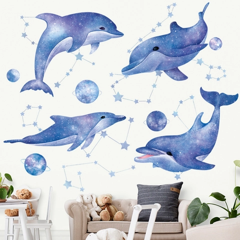Set di Adesivi da Parete Delfino Cielo Stellato da Sogno per Cameretta Bimbi Impermeabile Galassia Balena Pianeta Costellazione Murales PVC