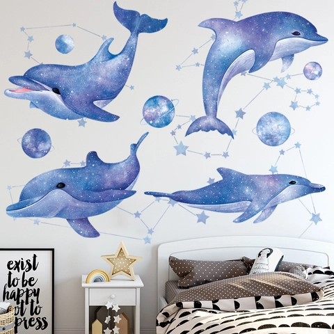Set di Adesivi da Parete Delfino Cielo Stellato da Sogno per Cameretta Bimbi Impermeabile Galassia Balena Pianeta Costellazione Murales PVC