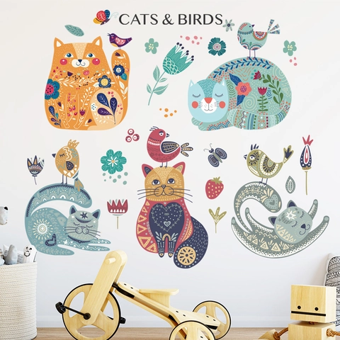 Pegatina de Pared de Gato y Pájaro Animados PVC Removible Arte Folclórico Calcomanía Floral para Dormitorio Sala de Estar Casa