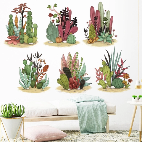 Pegatinas de Pared de Plantas Suculentas Cactus Nórdico PVC Impermeable Autoadhesivo Extraíble Decoración para Dormitorio Sala