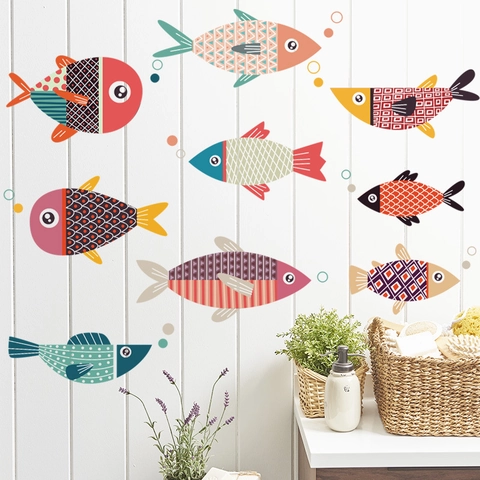 Cartoon Fish Wall Stickers Removable PVC Waterproof Sea Animal Decals For Kitchen Bathroom Kids Room Home Decor