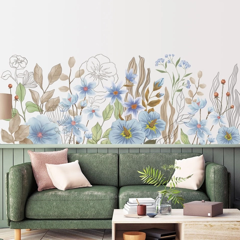 Pegatinas de Pared Florales Pintadas a Mano con Acuarela PVC Impermeable Botánico Flores para Sala de Estar Dormitorio Rodapié