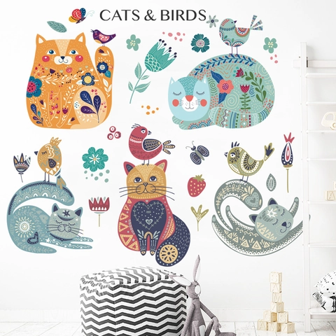 Pegatina de Pared de Gato y Pájaro Animados PVC Removible Arte Folclórico Calcomanía Floral para Dormitorio Sala de Estar Casa