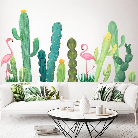 Nordic Fresh Cactus Flamingo Wall Stickers PVC Waterproof Tropical Plants Decal For Bedroom Living Room Home Decor Art Mural