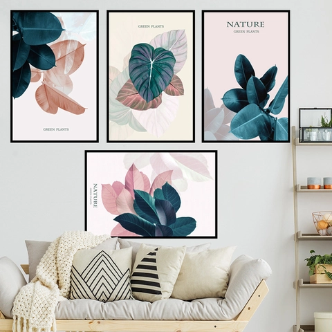 Nordisch Rosa Grüne Blätter PVC Wandaufkleber Wasserdicht Abnehmbar Botanisch Wandbild Für Schlafzimmer Wohnzimmer Wanddeko