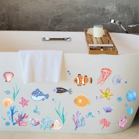 Adesivi Murali Bagno Pesci Marini Rimovibili in PVC Impermeabili Decalcomanie per Vasca da Bagno per Cameretta Bambini Casa