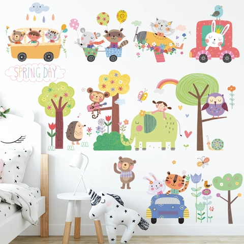 Cartoon Dieren Bos Muurstickers Voor Kinderkamer Kinderkamer PVC Waterdicht DIY Stickers Olifant Beer Konijn Decor