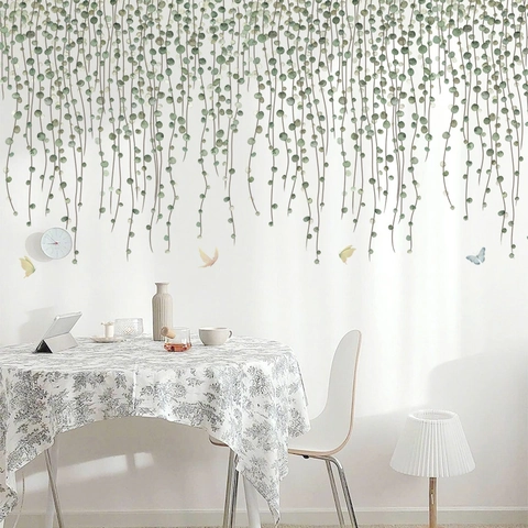 Autocollants Muraux de Vignes Vertes Suspendues Avec Papillons Stickers Muraux en PVC Imperméable Autocollants pour Décoration Salon