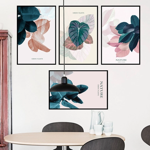 Nordisch Rosa Grüne Blätter PVC Wandaufkleber Wasserdicht Abnehmbar Botanisch Wandbild Für Schlafzimmer Wohnzimmer Wanddeko