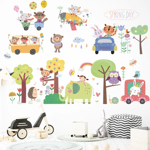 Cartoon Dieren Bos Muurstickers Voor Kinderkamer Kinderkamer PVC Waterdicht DIY Stickers Olifant Beer Konijn Decor