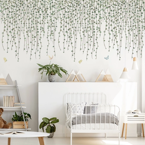 Autocollants Muraux de Vignes Vertes Suspendues Avec Papillons Stickers Muraux en PVC Imperméable Autocollants pour Décoration Salon