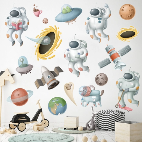 Cartoon Astronaut Weltraum Wandaufkleber Planeten Rakete UFO Aufkleber Für Kinderzimmer Kindergarten DIY Abnehmbare PVC Wandkunst