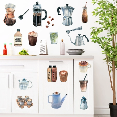 Coffee Themed Kitchen Wall Stickers Watercolor PVC Waterproof Decals For Tile Fridge Cabinet Dining Room Home Decor