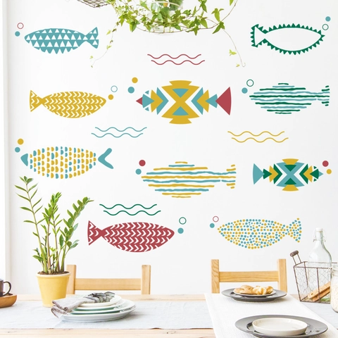 Adesivi Murali Pesci Geometrici Nordici PVC Impermeabile Rimovibile Tema Oceano DIY Decalcomanie per Bagno Cucina Decorazione