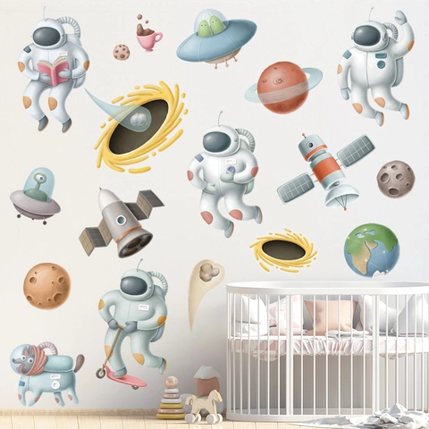 Cartoon Astronaut Weltraum Wandaufkleber Planeten Rakete UFO Aufkleber Für Kinderzimmer Kindergarten DIY Abnehmbare PVC Wandkunst