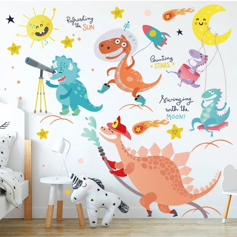 Cartoon Dinosaur Space Astronaut Wall Sticker Waterproof PVC Decal For Kids Room Nursery Classroom Wall Decoration