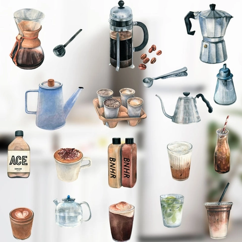 Coffee Themed Kitchen Wall Stickers Watercolor PVC Waterproof Decals For Tile Fridge Cabinet Dining Room Home Decor