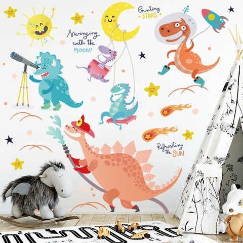 Cartoon Dinosaur Space Astronaut Wall Sticker Waterproof PVC Decal For Kids Room Nursery Classroom Wall Decoration