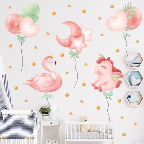 Watercolor Pink Flamingo Unicorn Wall Stickers Kids Room Nursery PVC Waterproof DIY Heart Balloon Star Moon Wall Decals